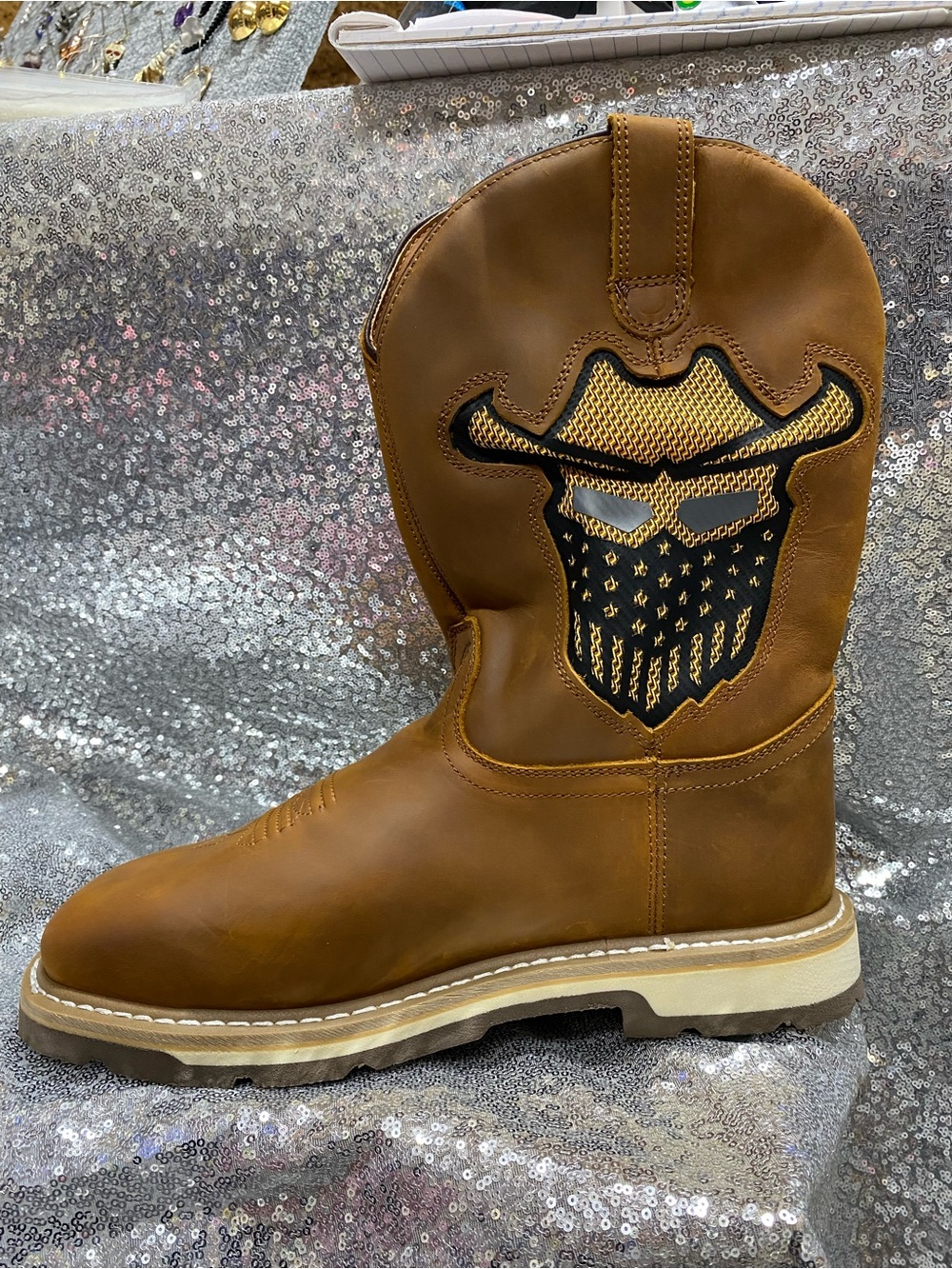 Sureway Men's Brown Leather Western Boot with Skull Patch, size 11, NWT